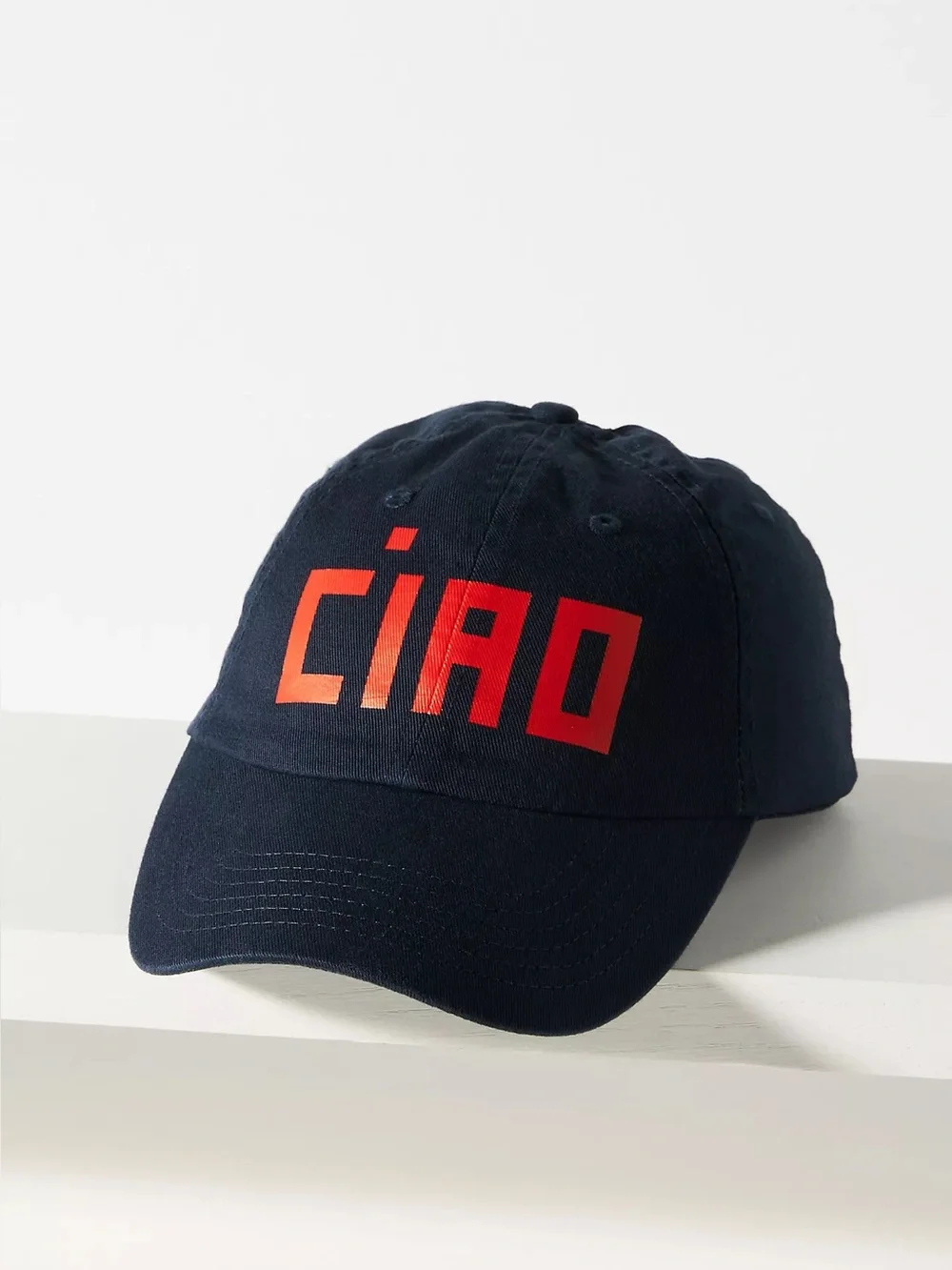 Clare V. Ciao Baseball Cap red block letters navy cotton canvas